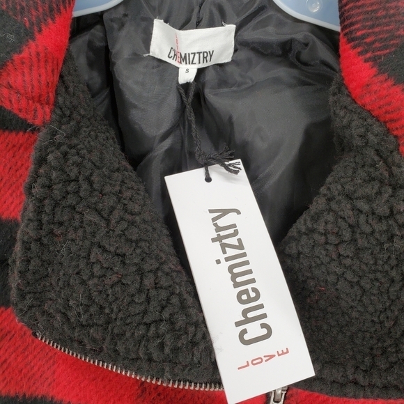 Love Chemiztry Coat Buffalo Plaid Red Black Moto Flannel Fleece Jacket Lined S L - Picture 8 of 12